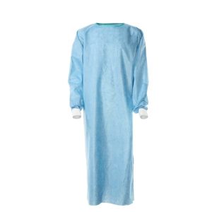 A standard light blue sterile gown