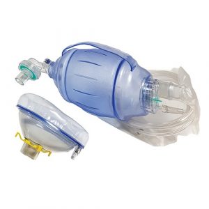 A blue adult manual resuscitator