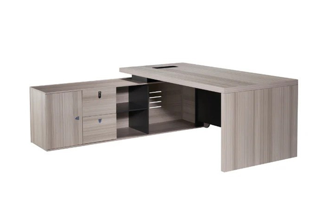 A modern office desk featuring a sleek wooden top